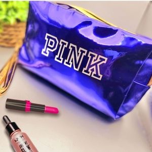 New PINK holographic blue cosmetic, clutch bag with zippered top, wristlet strap